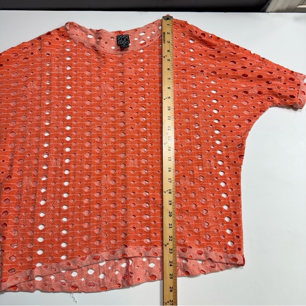 Clara Sunwoo Oversized Laser-Cut Perforated Knit Top - Coral/Orange XS - Picture 11 of 12